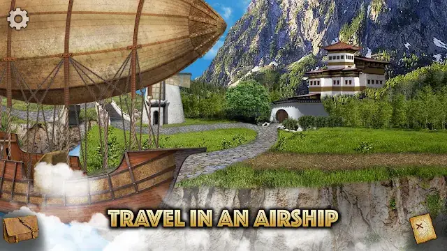 Dirigibile in volo sopra un villaggio di montagna in Salva la maga