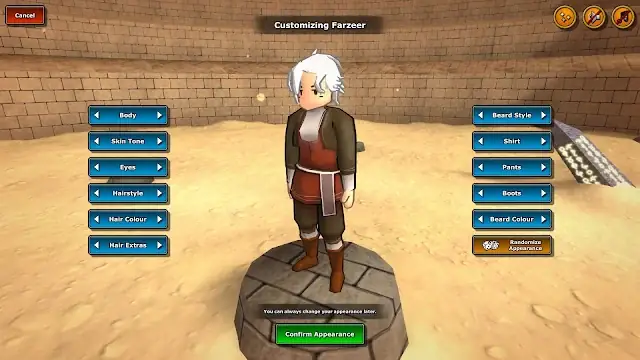 Schermata di personalizzazione del personaggio in Eterspire