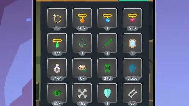 Inventario a griglia con oggetti e risorse in Melvor Idle