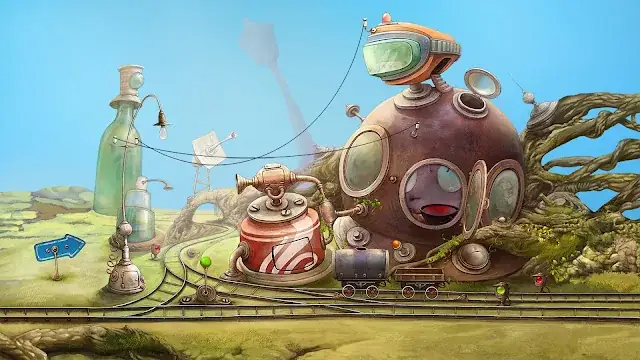 Paesaggio steampunk disegnato a mano in The Tiny Bang Story