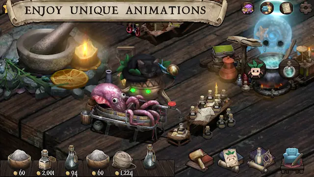 Banco di lavoro con alambicchi e creature magiche in Witchy Workshop